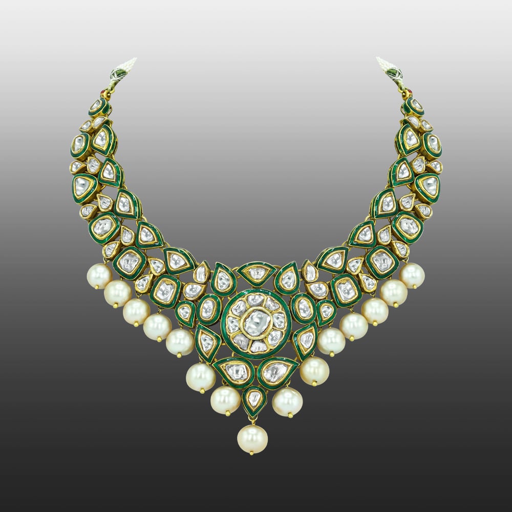 Polki Necklace with Green Enamel and Southsea Pearls